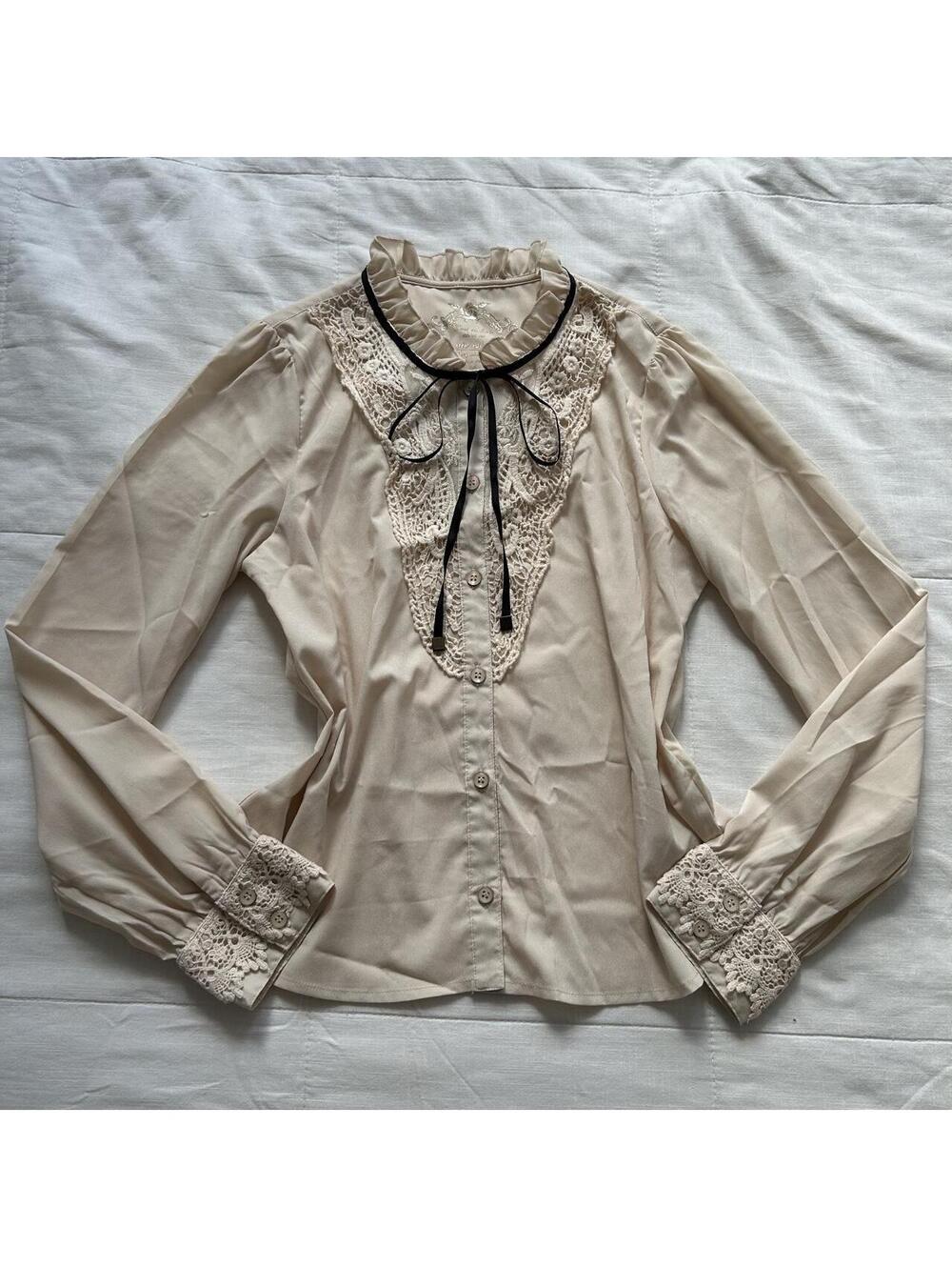 Axes Femme Cream Blouse Crochet Lace Bib Ribbon Tie Ruffle M Japan